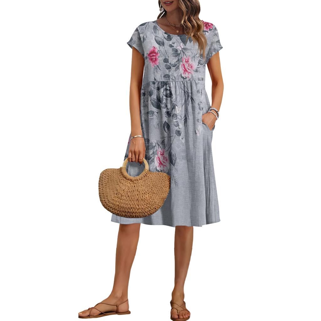 Damen Sommer Mode Lässig Rundhals Kurzarm Blumenmuster Kleid
