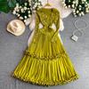 High Quality Square Collar Pleated Print Midi Dress for Women Autumn Elegant Long Sleeve High Strech Loose Pullover A Line Dress