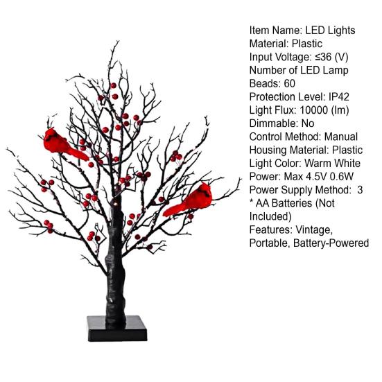 LED Vintage Glowing Tree with Cardinals Battery Operated Twinkle Trees Lamp with Lighted Branches Festive Holiday Party Lighting Halloween Christmas