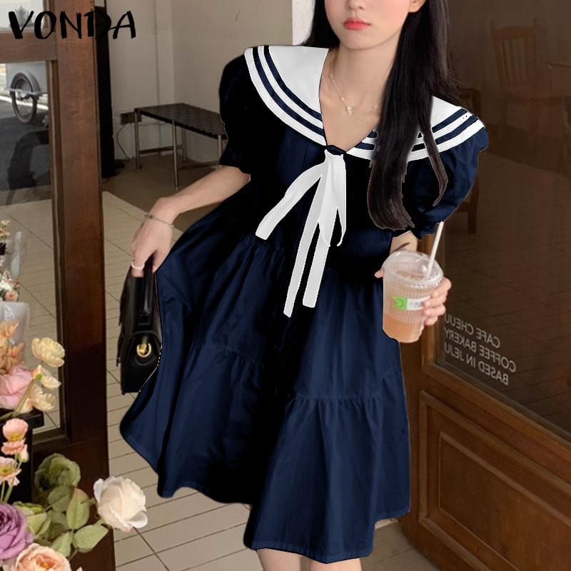

VONDA Women Lapel Puff Short Sleeve Waisted A-Line Skirts белый