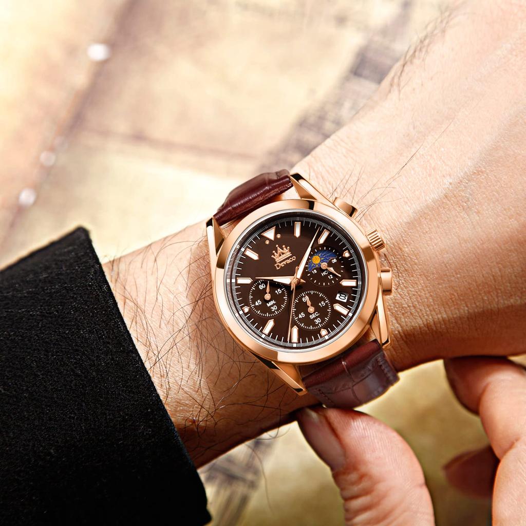 Men's Business Watch with Leather Band, Stylish Waterproof Watch with Calendar Display and Luminous Design, a Great Gift for Men (Brown)