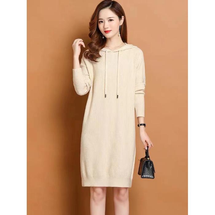 Early Autumn Hooded Knitted Dress Spring Autumn Medium and Long Autumn Slim Women's Dress 1 Color Sweater Dress