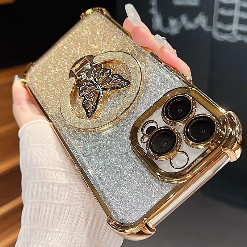 Luxusní magnetický držák ve tvaru motýla s glitry, stojánek, pouzdro na telefon pro iPhone 17 11 13 14 12 15 16 Pro Max Plus 17 Air, měkký kryt s pokovením