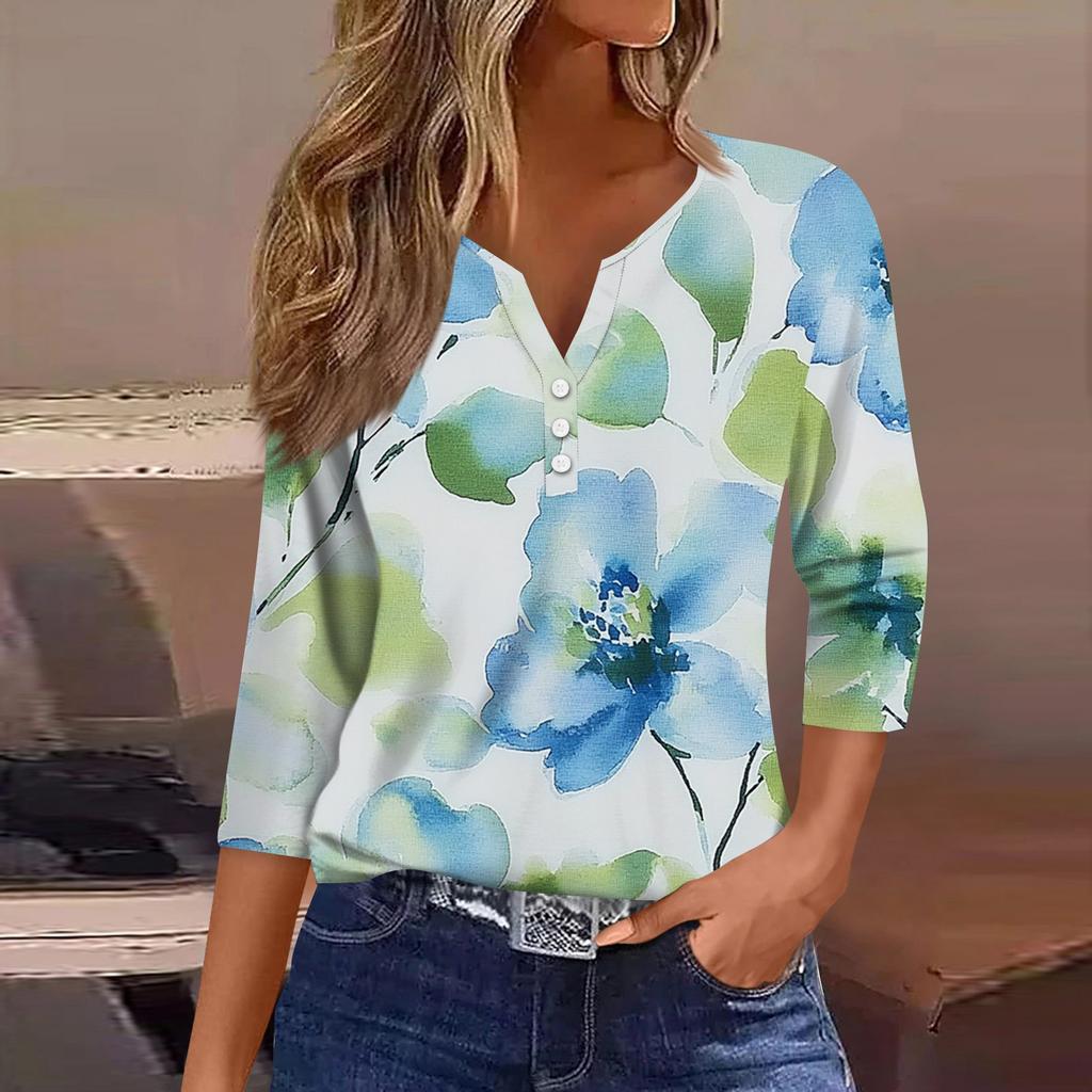 Women's T Shirt Tee Print Button 3/4 Sleeve Daily Weekend Fashion Basic V Neck Regular Top