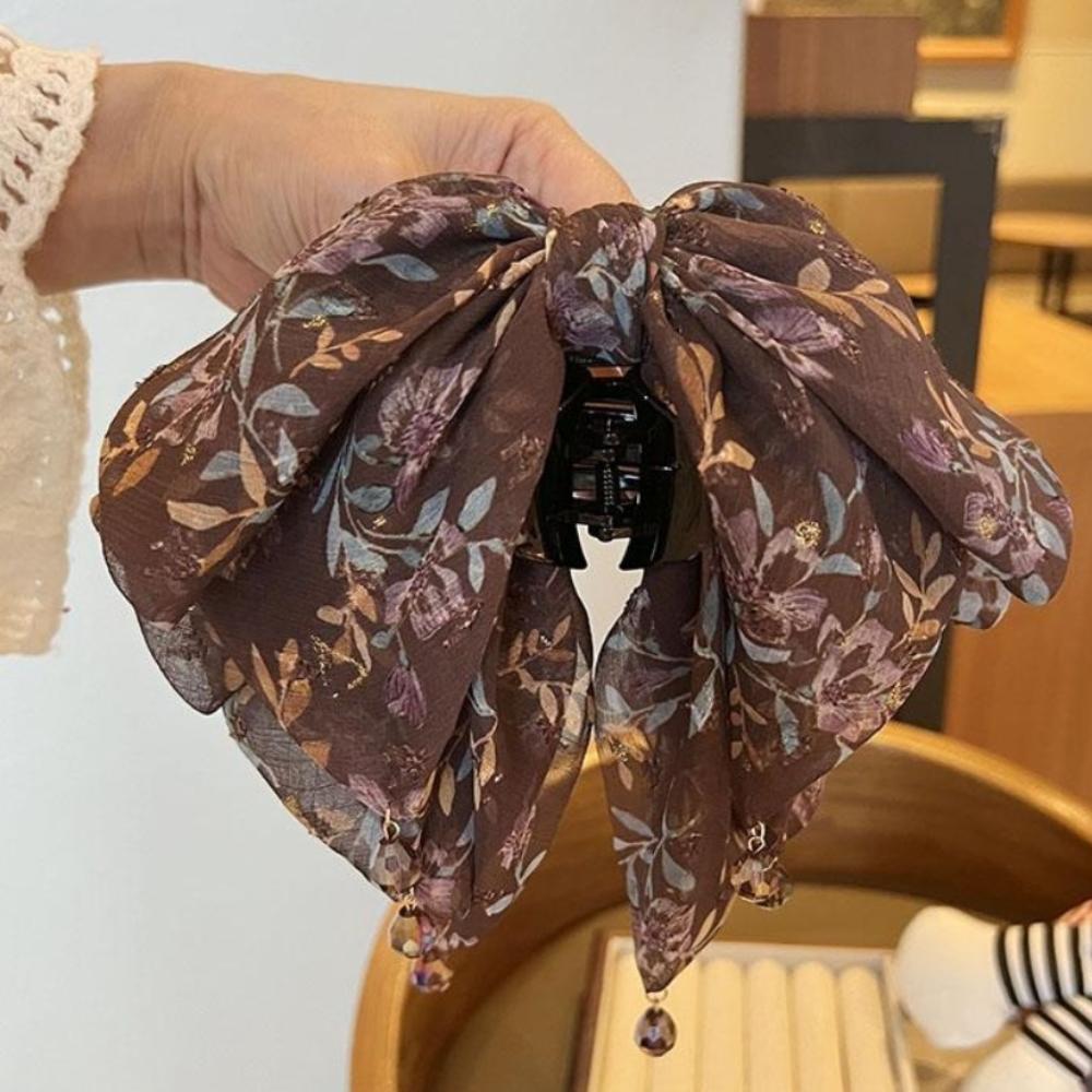 Sweet Bow Shark Clip Large Women Hair Grab Clip Crystal Chiffon Hair Claw  Hair Accessory