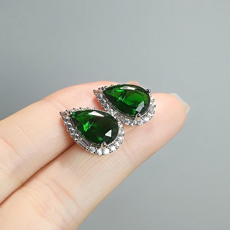 Water Drop Shaped Imitation Emerald Stud Earrings Light Luxury Yellow Zirconium Sea Blue Treasure White Gold High-End Earrings