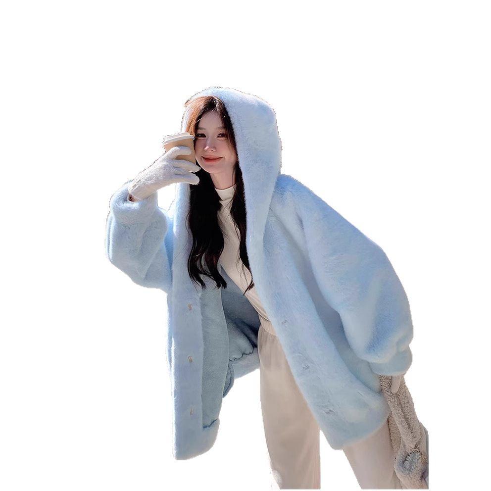 Winter new small blue sweet age reduction loose hooded imitation velvet mink environmental protection fur short coat women