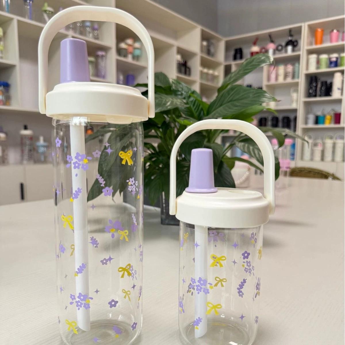 

Cute Plastic Straw Water Bottle With Lid Large Capacity Leak Proof Coffee Juice Cups Boba Pearl Milk Tea Drinks Water Cup 500ml фиолетовый