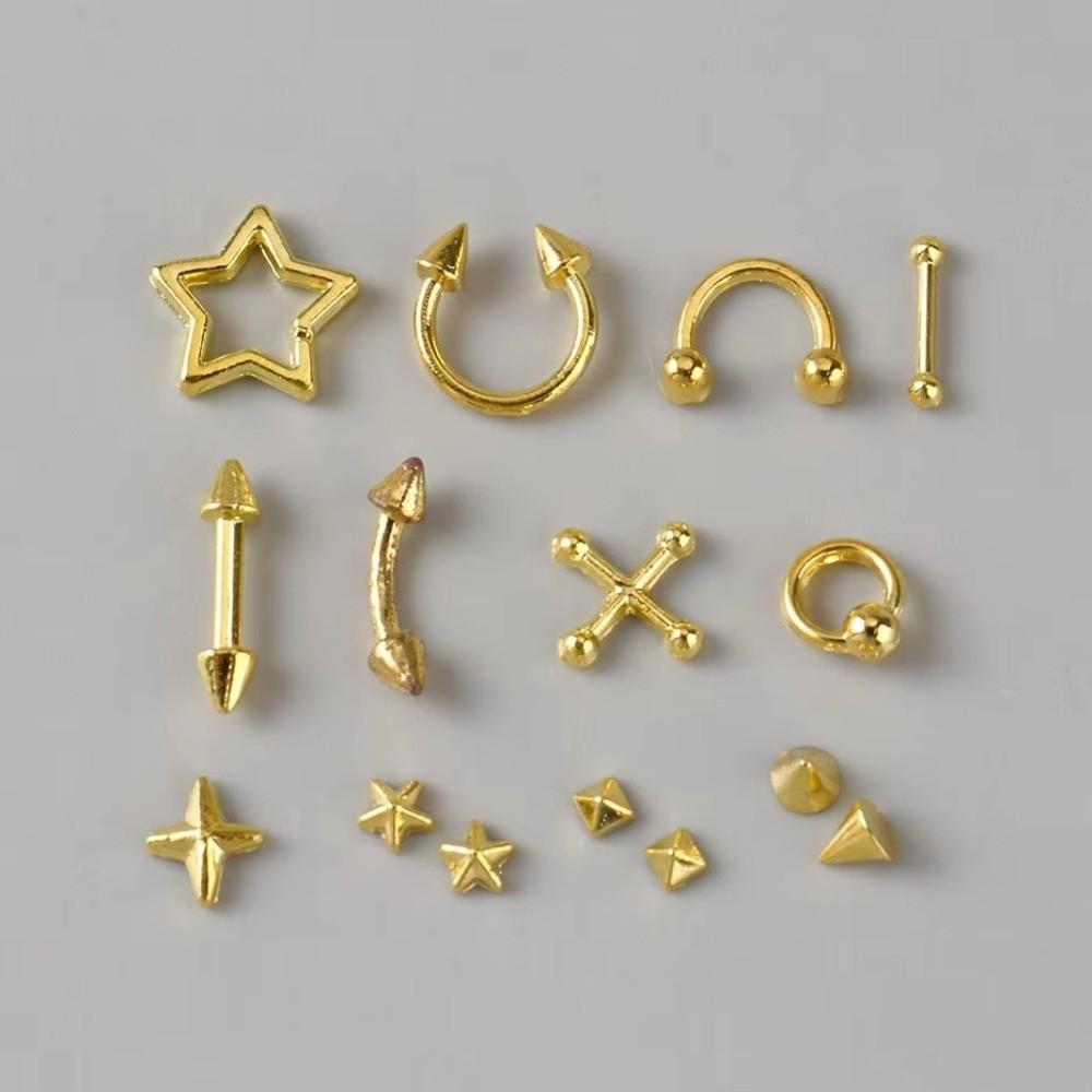New 12 Grids Nail Charms Silvery Golden Alloy Nail Decor Y2K Self-Adhesive Manicure Accessories