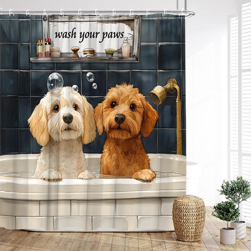 Funny Diving Cat Dog Shower Curtain Cute Cartoon Bathing Animals Sea Turtle Underwater Scenery Kids Bathroom Curtains Decor Set