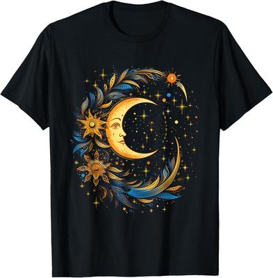 Mystic Celestial Moon and Sun Face Graphic Tee Casual Cotton Short Sleeve T-Shirt for Men