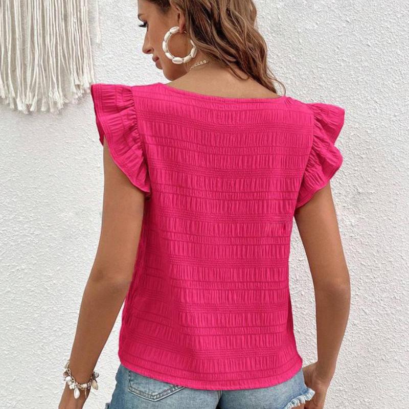 Spring and Summer New Square Neck Ruffled Women Shirt Tops Elegant Slim Fit Solid Flying Sleeve Blouse Women Loose Casual Shirts Female Clothing 26486