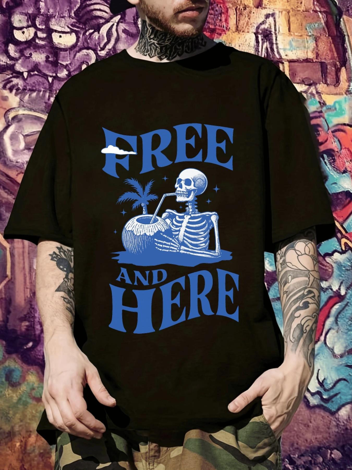 Casual Skull Graphic T-shirt - Free and Here Design S