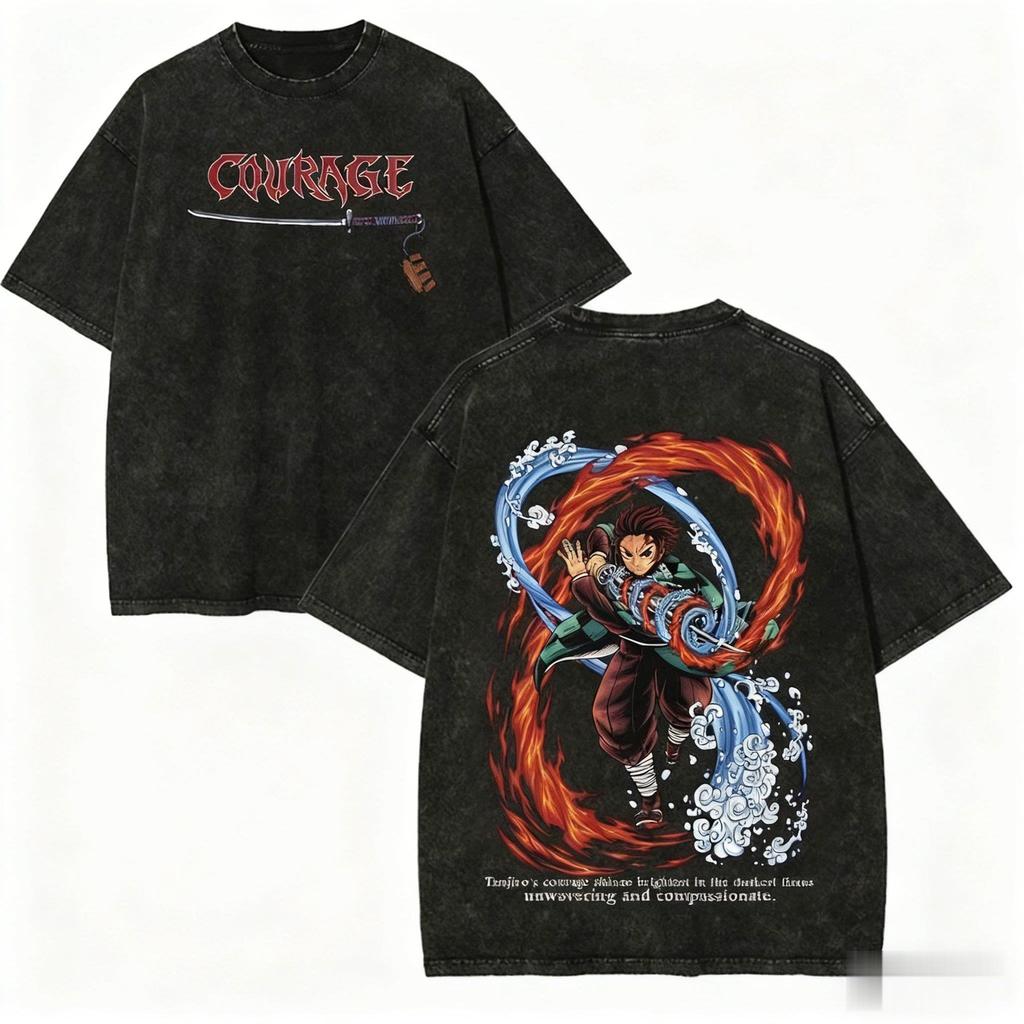 Vintage Washed Demon Slayer Anime Graphic T Shirt Men Women Cotton Short Sleeve Tee Streetwear Tops Clothes Summer