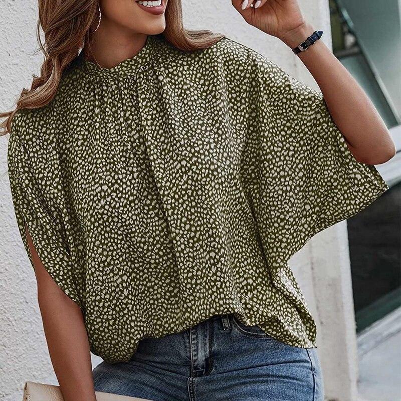 Koszule damskie 2023 Lato Casual Jednolity kolor i nadruk Bluzka Moda Podzielone Krótkie rękawy Bluzki Okrągły kołnierz Ubrania 26305