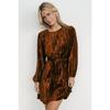 Crushed Velvet Long Sleeve Mini Dress Round Neck Tie Waist Loose Fit Pleated Short Dress for Fall Winter Office Party Casual Evening