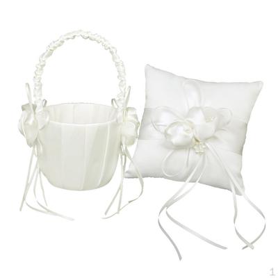 Set di cuscino portaanelli con perle di raso e cestino di fiori Avorio