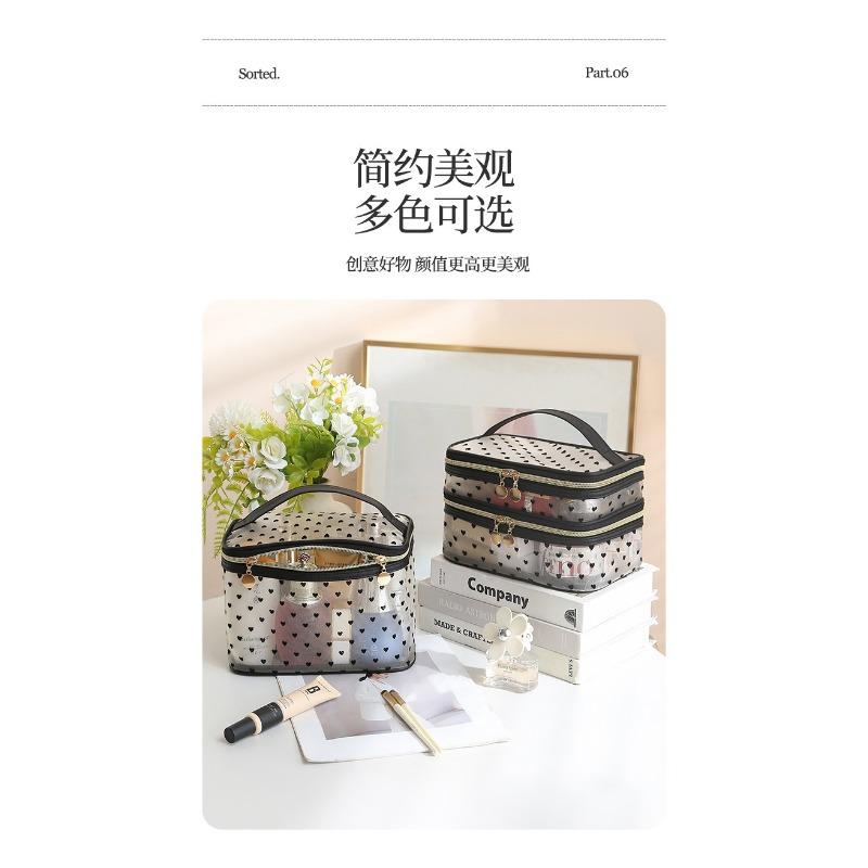 Large Capacity Flocked Heart Pattern Mesh Cosmetic Travel Storage Bag