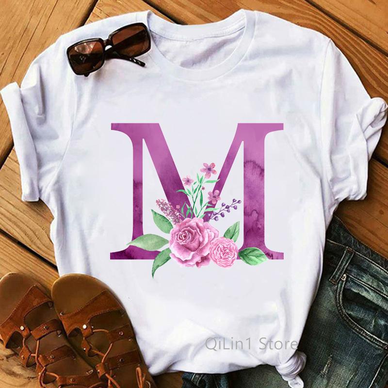 Floral Alphabet M Letter Print T-Shirt Women Summer Cute Top Female White Casual T Shirt Femme Graphic Tees Girls Tumblr Clothes