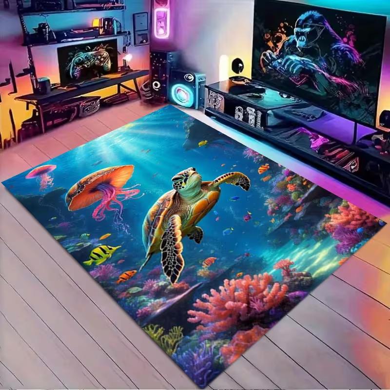 Sea Turtle Ocean Theme Area Rug Underwater World Print Carpet Non Slip Washable For Living Room Bedroom Game Room Home Decor