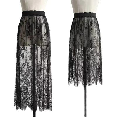 Length Elegant Black Skirt White Lace Transparent Long Tulle Skirt Ladies Elastic High Waist Beach Midi Skirt