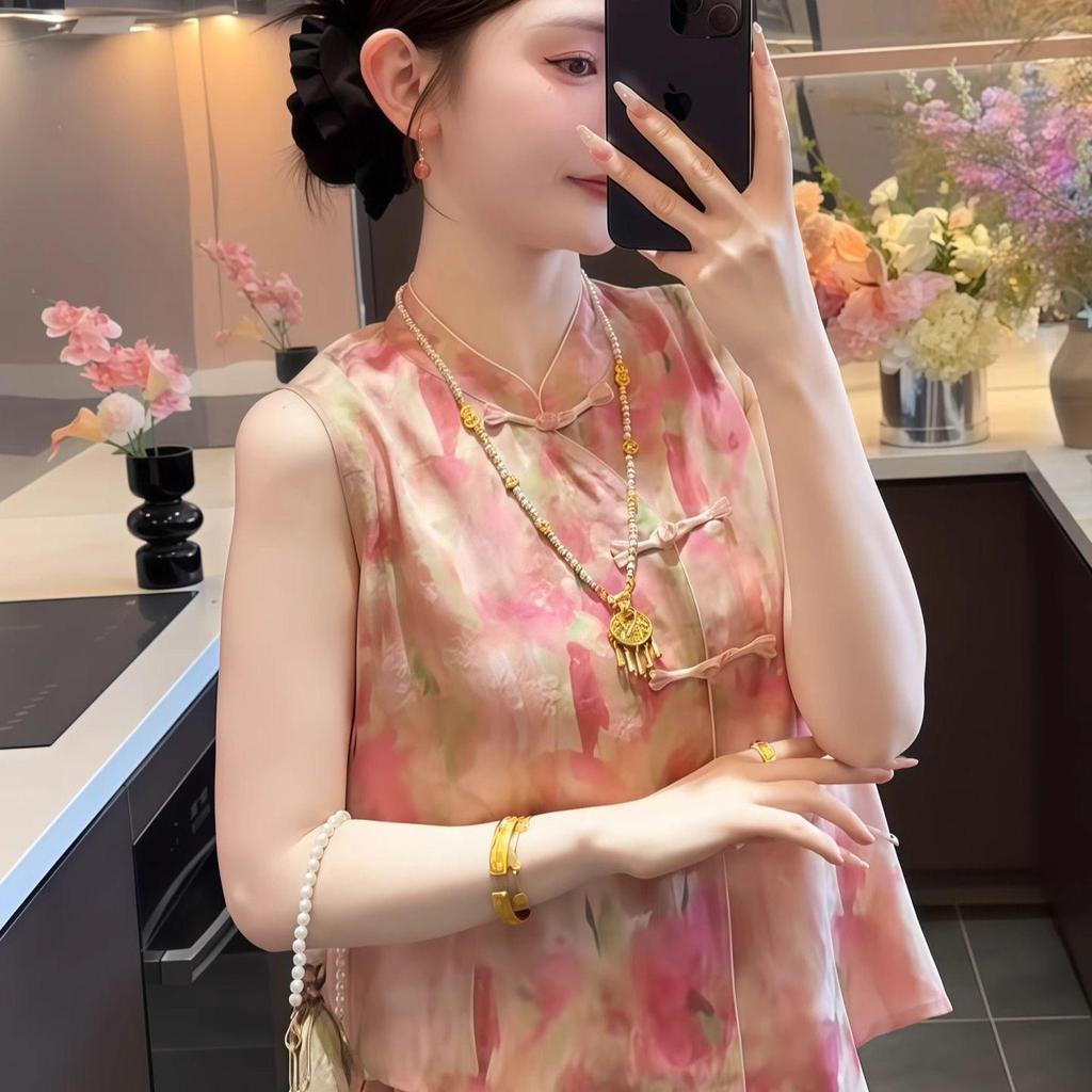 Schönes rosa verschmiertes ärmelloses schräges Westenhemd Damen 2025 neu Satinsweste kurzes Hemd Sommer