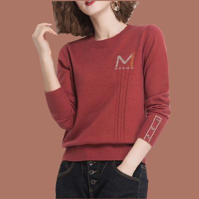 Maglione lavorato a maglia di classe da donna con colletto tondo, maglione con fondo, casual, comodo e allentato, maglione lavorato a maglia