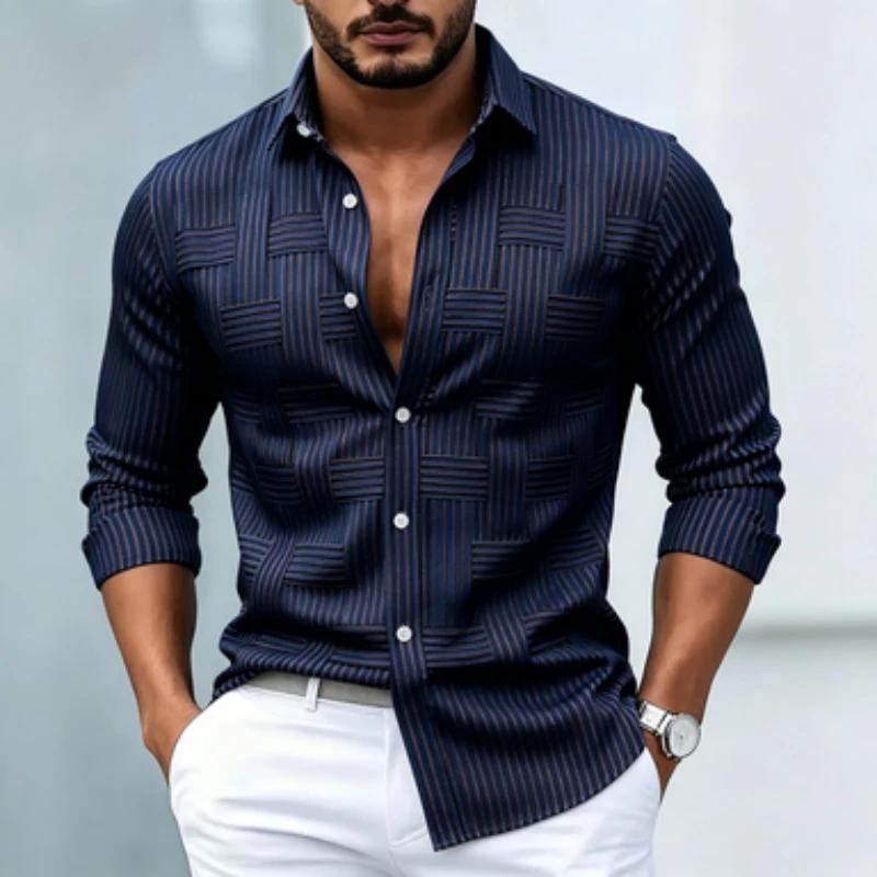 Men's Trendy Striped Woven Pattern Long-Sleeve Button-Up Shirt, Fashionable and Comfortable