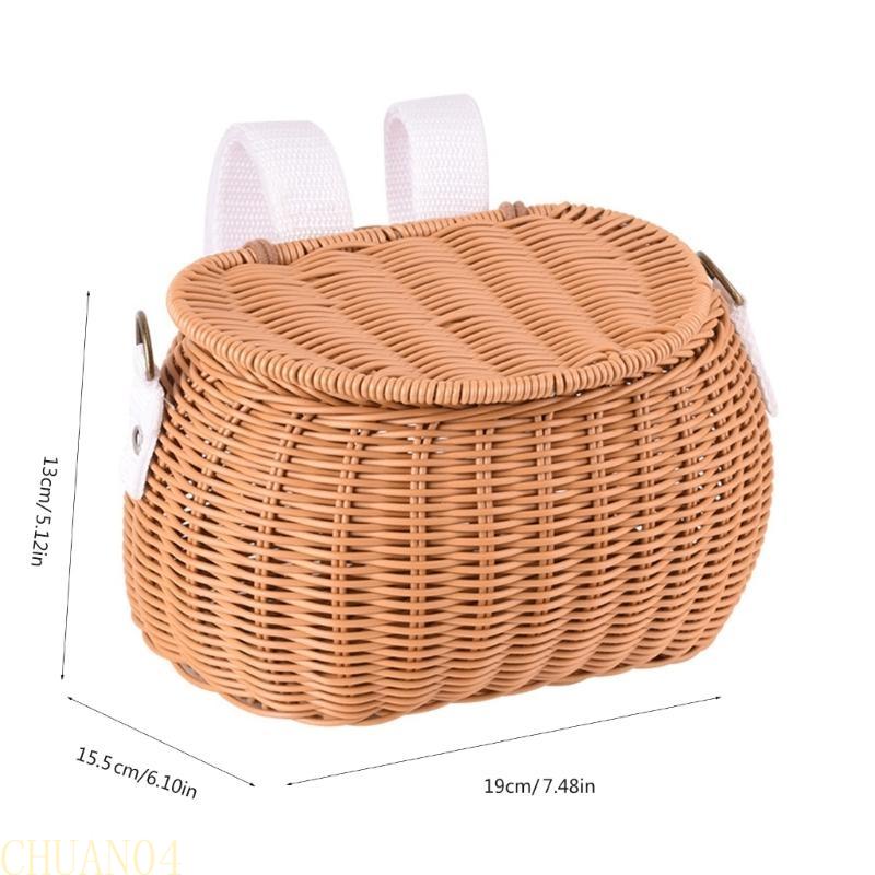 A1A2 Childrens Bicycles Front Basket Wovens Plastic Bikes Baskets with Belt and Lid Handlebars Storage Container
