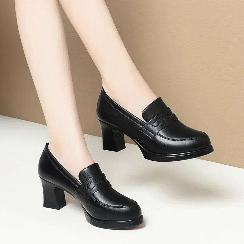 Fashion Comfortable Black Soft Leather Shoes Deep Mouth Spring  Block Heels Shoes Women for Office Mom Model Versatile