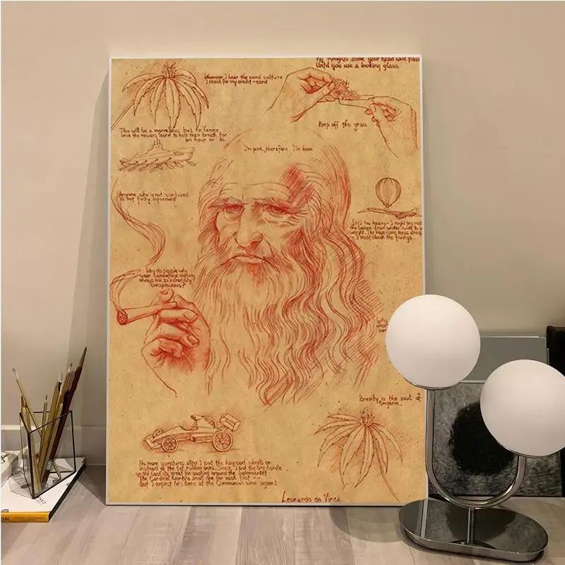 Leonardo Da Vinci Manuscript Vitruvian Man Vintage Posters Retro Room Bar Cafe Room Wall Decor Home Living Room Decor Painting