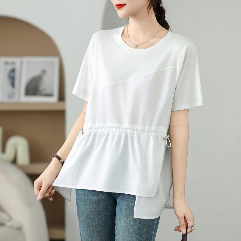 

Dimanaf Летняя футболка больших размеров 2025 года, винтажная женская футболка с коротким рукавом, асимметричная однотонная короткая свободная футболка One Size белый