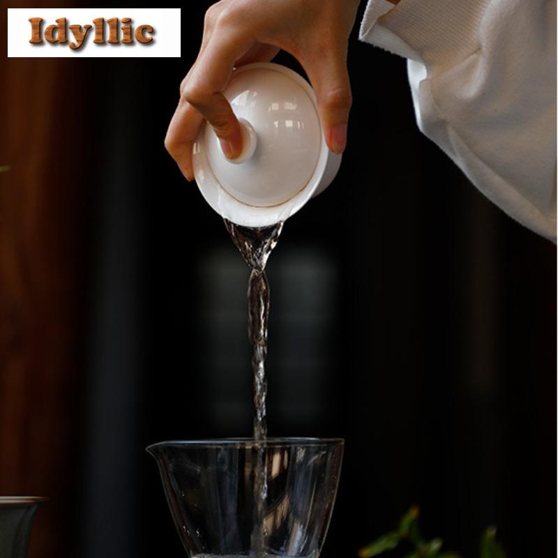 150ml Mutton Fat Jade Gaiwan Luxury Tea Bowl Not Hot Tea Tureen Tea Bowl With Lid Kit Tea Brewing Cover Bowl Tea Ceremony Gift