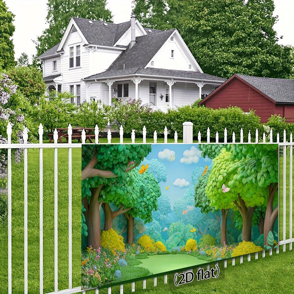 2D plane, 2D flat banner, 1 piece of forest-themed background fabric, featuring green trees, colorful flowers and butterflies