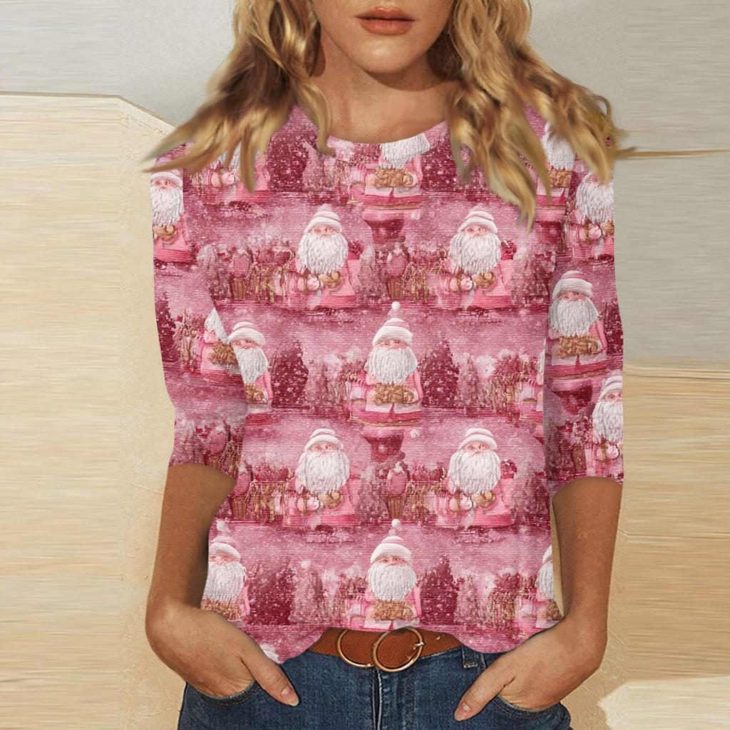 Women's Fashionable Casual Three Quarter Sleeve Christmas Printed Round Neck Top