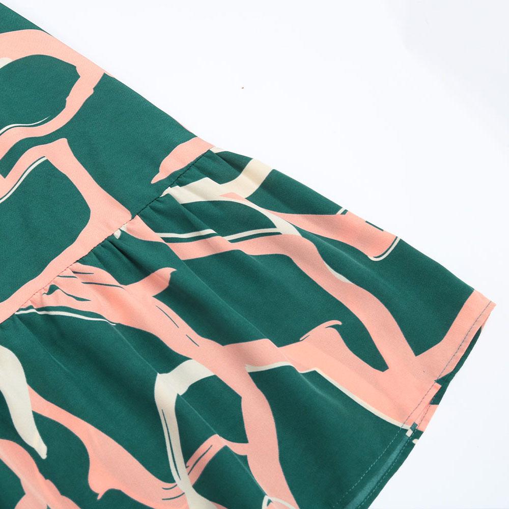 Otoño Invierno mujer manga larga estampado elegante cuello en V gasa A-Line hasta la rodilla vestido de cintura alta