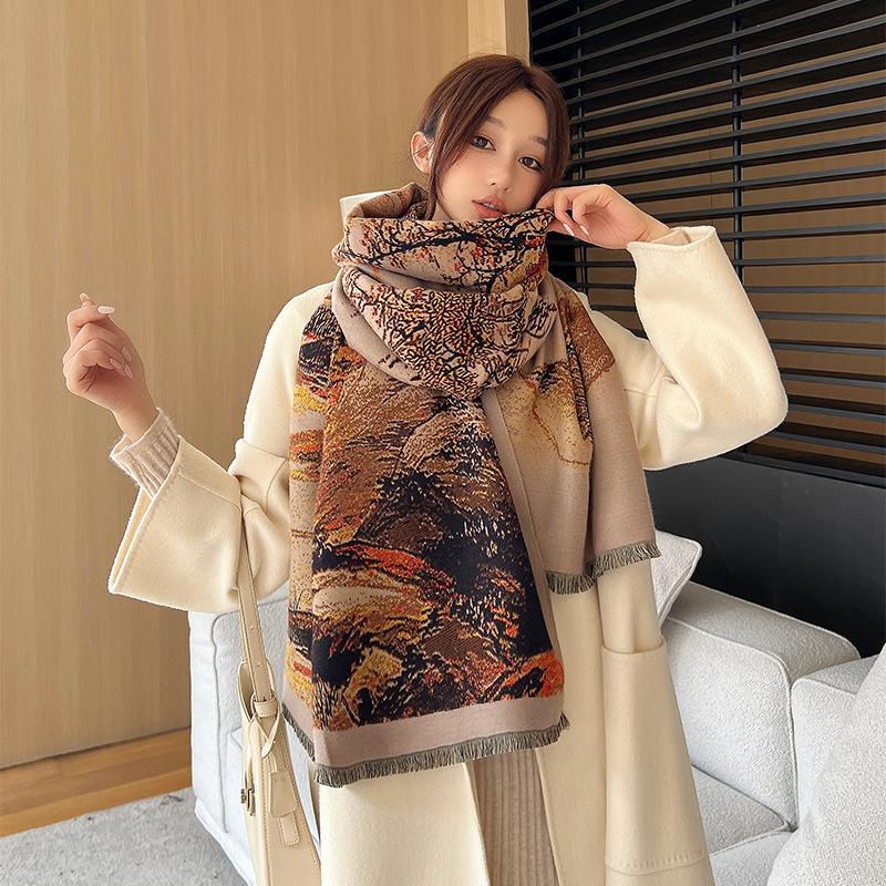 Imitation Cashmere Scarf for Women In Autumn and Winter Chinese Painting Exquisite Fashion Scarf Versatile Warm and High End Tassel Shawl