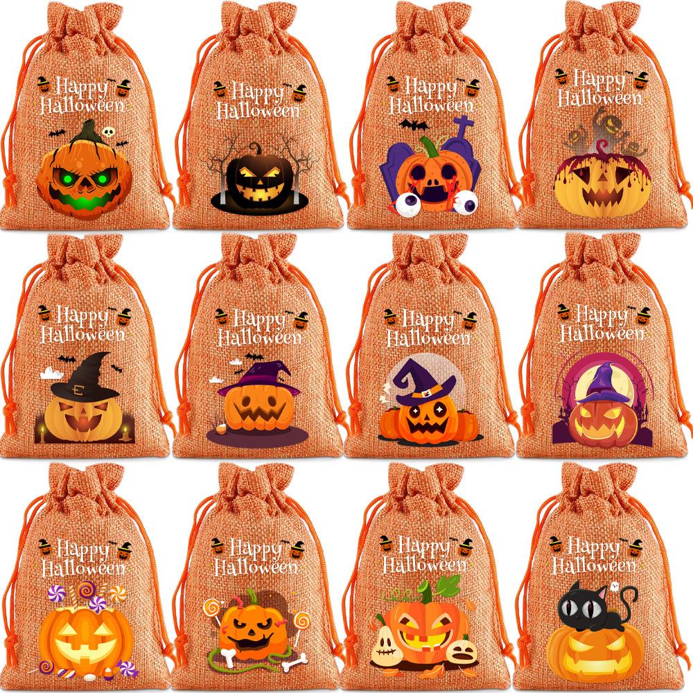 12pcs/sets Linen Halloween Gift Drawstrings Bag Black Orange Children's Candy Bag Pumpkin Burlap Bundle Drawstring Candy Bags