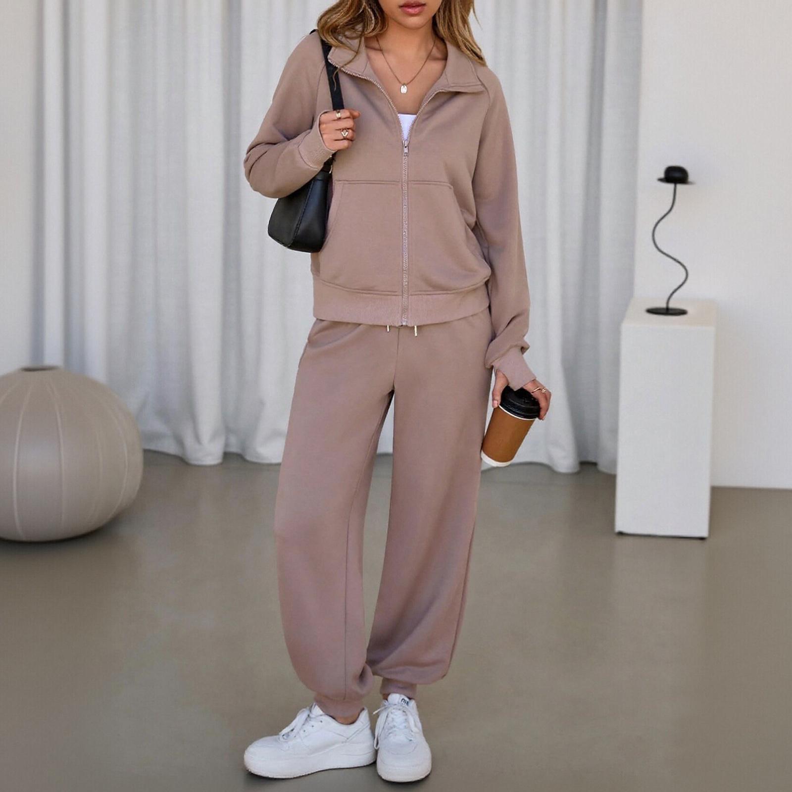 Women s Loose Fashion Sports Zipper Hooded Sweatshirt Set L