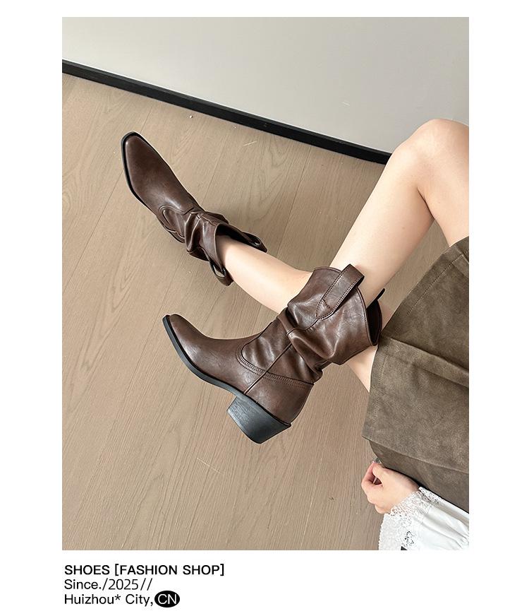 Stiefel im Scheunenstil, mittelhoch, Reitstiefel: Melaard Klobiger Absatz, Spitze Zehenpartie, Retro Slouchy Slip-On Stiefeletten