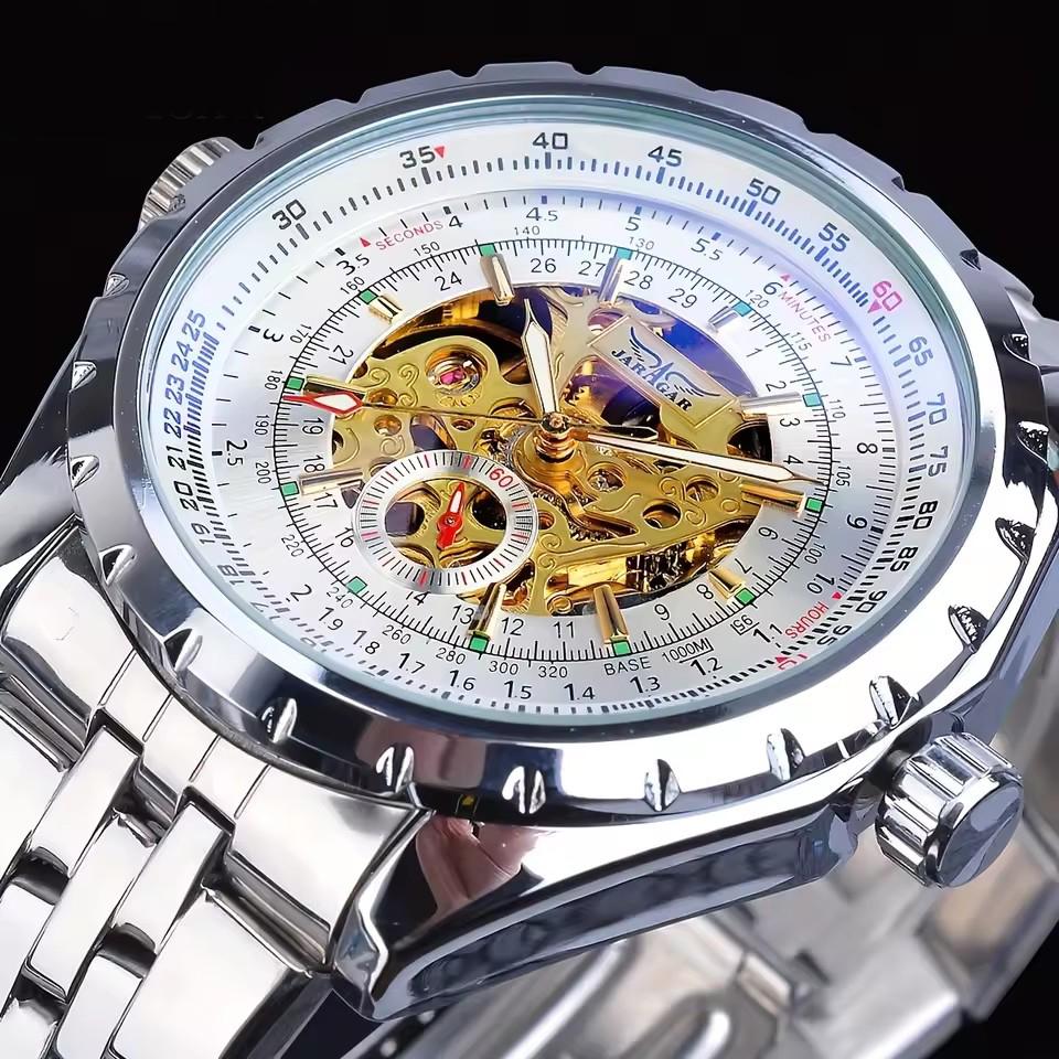JARAGAR Golden Skeleton Watches Men Luxury Brand Silver Stainless Steel Auto Self-wind Mechanical Watch Sport Relogio Masculino