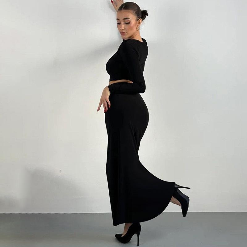 Women's Neckline Long-sleeved Crop Top Slim-fit Trouser Skirt Suit