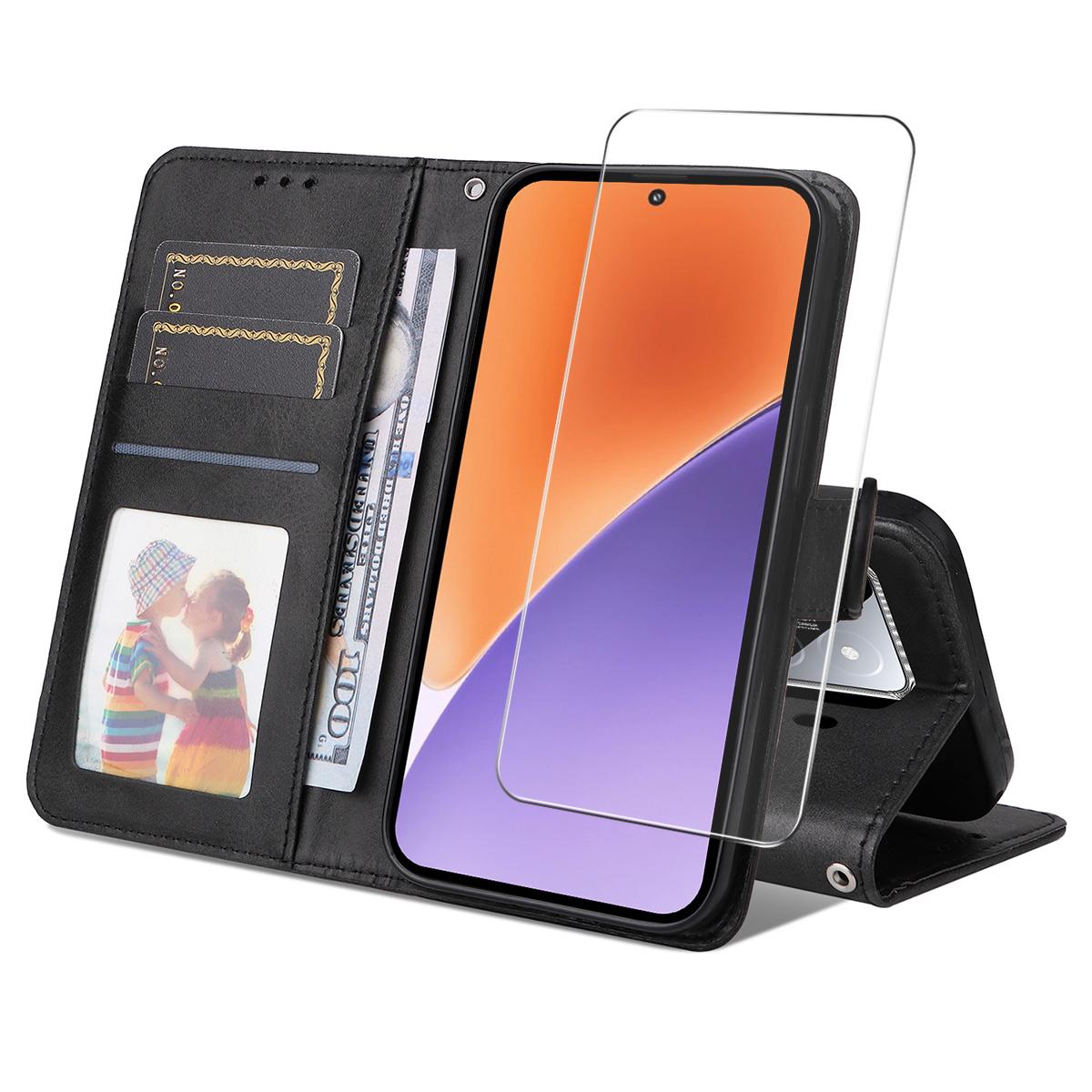 

For Xiaomi 15 PU Leather Wallet Case ENKAY Phone Stand Cover with Tempered Glass Film Black