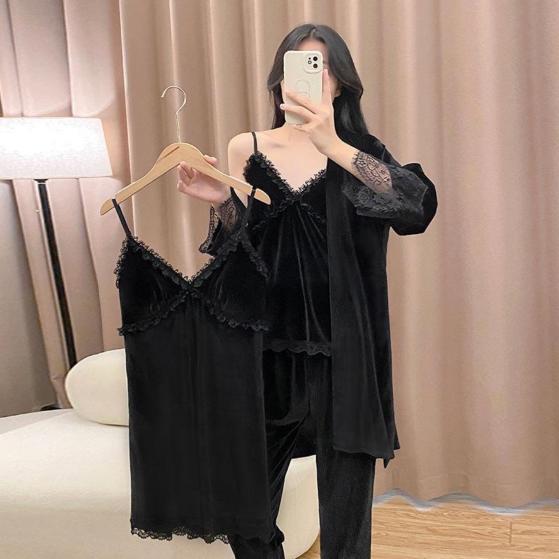 Golden Velvet Women's Winter Pajama Set: Korean Style with Lace, Chest Pads, Camisole & Long Pants - Girlish & Sweet Four-Piece Ensemble