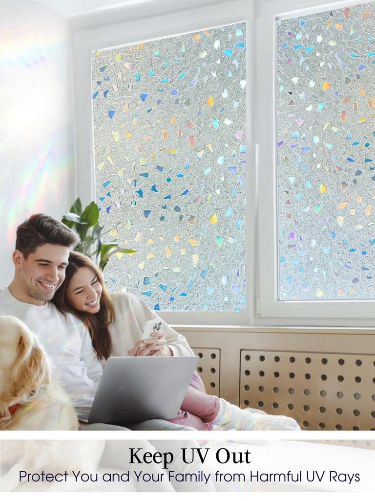 Folie Autocolantă pentru Vitralii - 3D Curcubeu Confidențialitate Blocare UV Control Căldură, Vinil Static Neadeziv Removabil