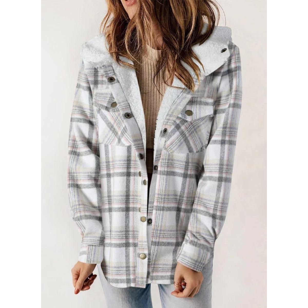 

Осінньо-зимова повсякденна куртка, картата вовняна куртка з капюшоном для жінок, з флісовою теплою курткою для жінок, сорочка для жінок XL слонова кістка