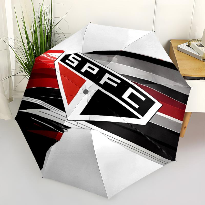 São Paulo FC Logo Print Automatic Umbrella, 8 Rib Iron Frame, Plastic Handle, Suitable for Outdoor Travel &Daily , Ideal Gift
