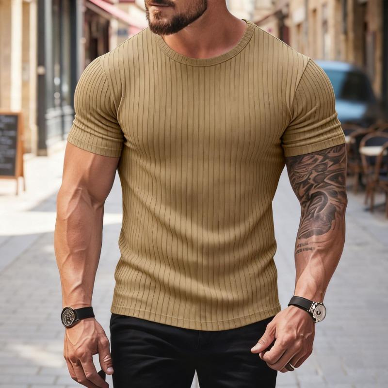 T-shirt Sport Fitness Décontracté d'Été pour Homme Col Rond Élastique Rayures Verticales Manches Courtes