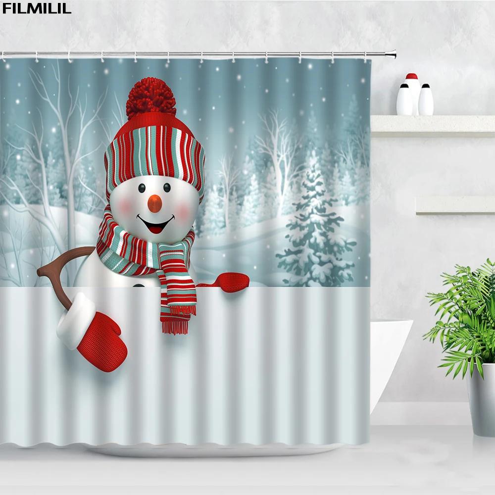 Funny Christmas Snowman Shower Curtains Skiing Winter Forest Color Xmas Ball Gift New Year Bathroom Decor Bath Curtain Set Hooks