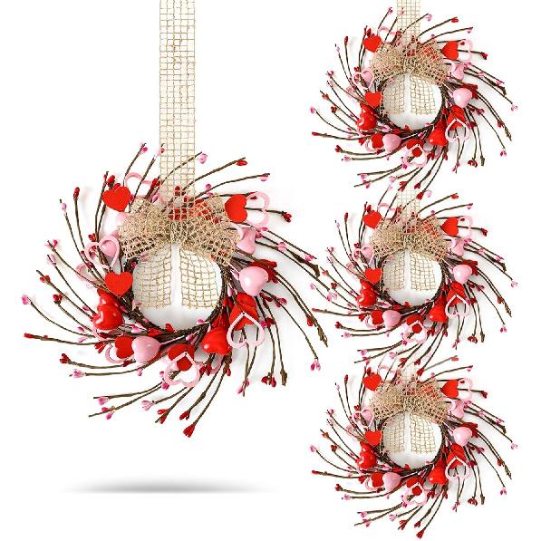 4 Pcs Valentines Day Wreaths Kitchen Cabinet Wreaths Farmhouse Artificial Red Pink Heart Berries Mini Valentine s Day Windows Wreaths for Front Door
